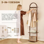15.9" Narrow 3-in-1 Rolling Clothing Rack,Wooden Coat Rack with Wheels, 2 Shelves and 5 Hooks, Solid Rubber Wood Coat Rack with Shelves for Entryway, Bedroom, Living Room, Walnut