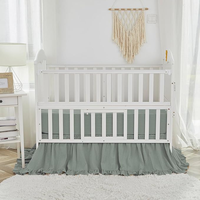 Brandream Boho Bohemian Girl Baby Nursery Crib Bed Skirt Dust Ruffle - Neutral Solid Color Sage Green Farmhouse Chic 100% Washed Cotton Ruffle