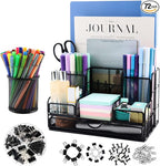Desk Organizers Caddy and Accessories with 7 Compartments + Pen Holder / 72 Clips Set, Drawer, Black Mesh Office Supplies Desktop Organizer for Home, Office Ect