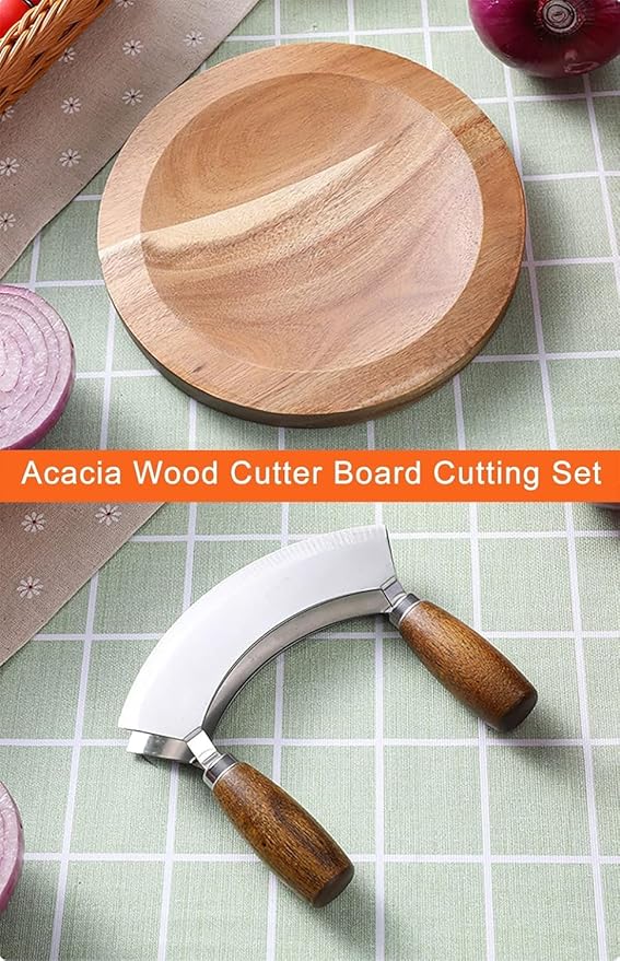 TIYOORTA MEZZALUNA KNIFE AND CUTTING BOARD – Double Blade herb chopper ULU Knife with 8 inch Recessed Board Set– For Efficient Mincing Nuts n Veggies