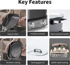 6-Quart Electric Skillet with Grill | Non-Stick PFOA-Free Ceramic-Coated Pot, 1600W, Timer & 3 Power Settings for Steak, Egg, Ramen (Includes Tongs) Pot & Grill