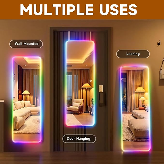 Hasipu 43"x15.7" LED RGB Door Mirror Full Length, Full Body Full Length Over The Door Mirror with Lights, Door Hanging & Wall Mounted Mirror for Bedroom, Living Room, Cloakroom