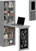 HOMCOM Foldable Convertible Writing Table, Wall Mounted Space-Saving Computer Desk with Chalkboard and Storage Shelves for Small Spaces, Home Office, Bedroom, Dorm, Apartment, Charcoal Gray