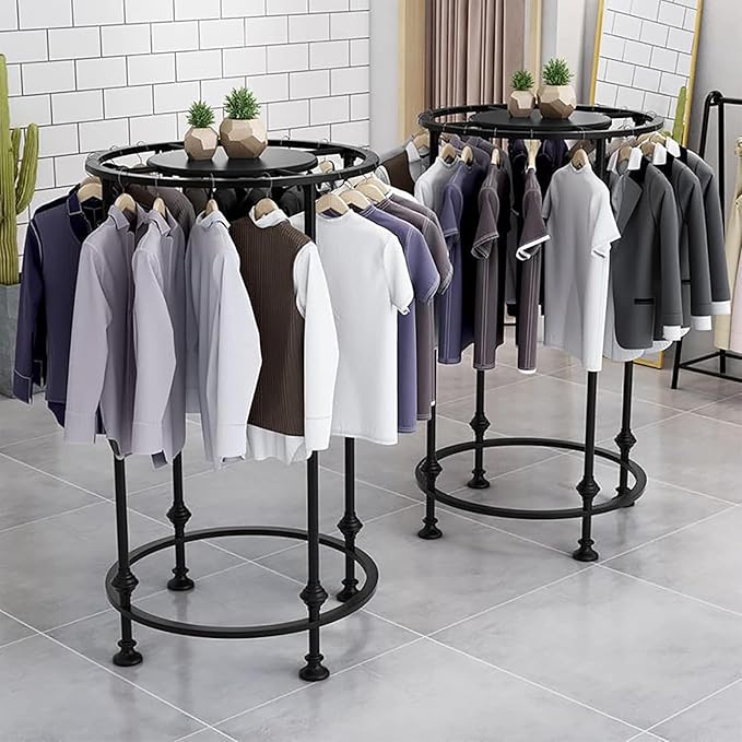 Freestanding Round Garment Display Retail Rack, Floor-Standing Double Space Multi-Purpose Metal Shelf for Clothes Storage, Commercial Clothing Organizer in Retail Boutiques (Black, 31.5"x 51.2")