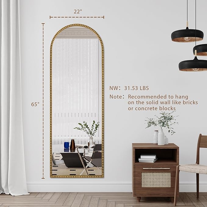Arch Full Length Mirror with Stand, 65"x22" Floor Standing Large Dressing Mirror Hanging or Leaning Against Wall for Bedroom Living Room, Antique Gold