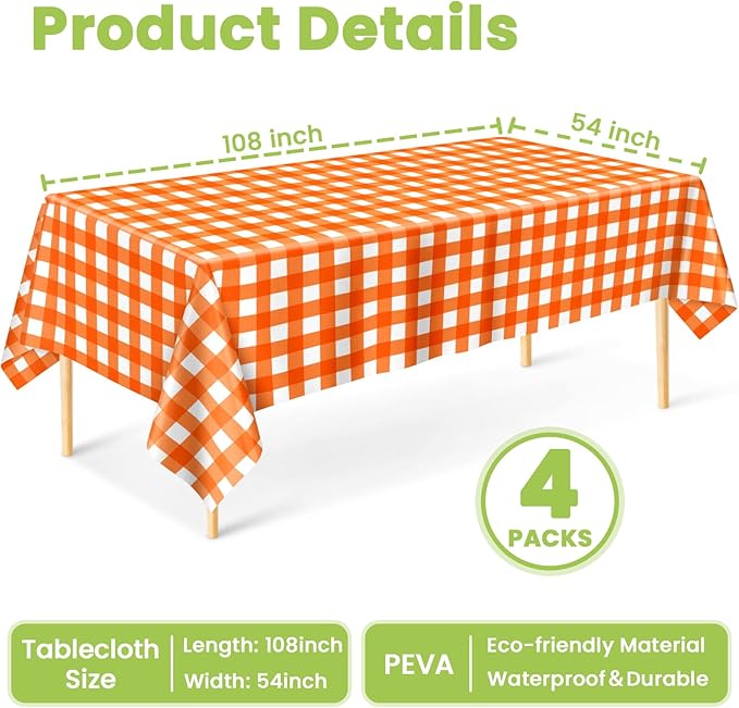 Mulbozy Orange Gingham Tablecloth 4 Pack, 54 x 108 Inch Plastic Table Cloth Disposable, Orange and White Checkered Table Cover for Party Supplies