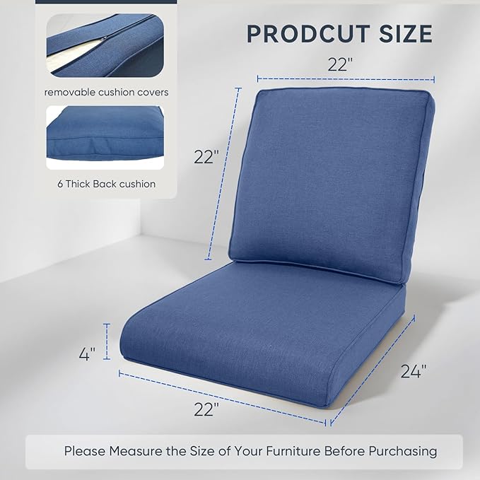 Outdoor Chair Cushions for Patio Furniture - 1 Pack Outside Durable Thick Replacement Cushion 22x24 with Zipper Cover for Wicker Glider Rocking Chairs Loveseat Couch – Blue/Regular