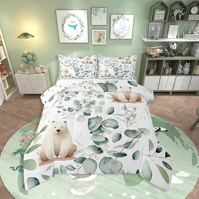 Erosebridal Boys Cartoon Animal King Bedding Sets for Kids Toddler Kawaii Polar Bear Comforter Set, Arctic Wildlife Duvet Insert White Green Down Comforter, Botanical Eucalyptus Bedding Comforter Sets