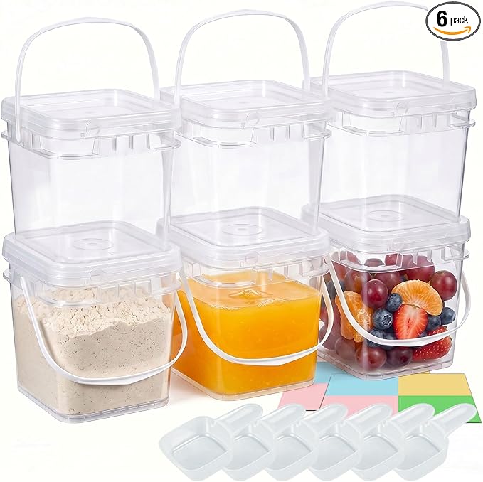 DEMORA 34oz Food Grade Square Plastic Bucket with Lid, Clear Airtight Storage Container, Reusable Pail for Kitchen Food Water Ice Cream Household Use (Transparent, 6Pcs)