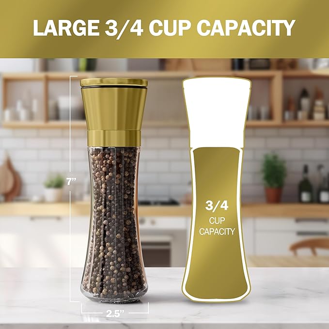 Home EC Original Gold Salt and Pepper Grinder Set of 2 - Adjustable Ceramic Grinder - Tall Glass Salt and Pepper Shakers With Funnel and Ebook - Kitchen Spice Mill - Gold Kitchen Accessories