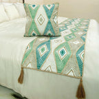 The HomeCentric King/Queen/Twin Green Designer King 90"x18" Bed Runner Without Pillow Cover, Aztec, Jute Embroidery, Quilted, Tassels, Jute, Moroccan & Tribal Bed Scarf Cotton Fabric - Chantico