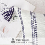 Smile Bee Spring Boho Outdoor Throw Pillow Covers Set of 2, Decorative Woven Striped Pillow Covers with Tassels for Couch Bed Sofa, 18x18 Inch, Navy Blue and Cream White