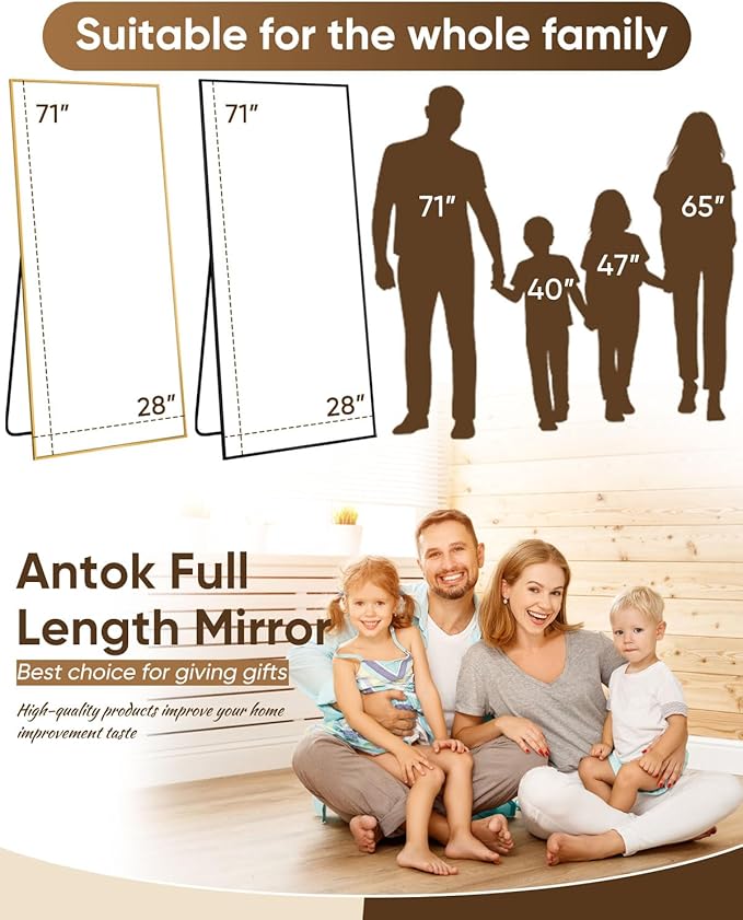 Antok Full Length Mirror, 71"x32" Floor Mirror, Floor Standing Freestanding Full Body Mirror with Stand for Bedroom, Hanging Mounted for Living Room Cloakroom, Gold