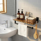 MyGift Wall-Mounted Matte Black Metal Paper Towel Holder with Premium Acacia Wood Shelf and 3 Hanging Hooks