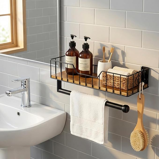 MyGift Wall-Mounted Matte Black Metal Paper Towel Holder with Premium Acacia Wood Shelf and 3 Hanging Hooks