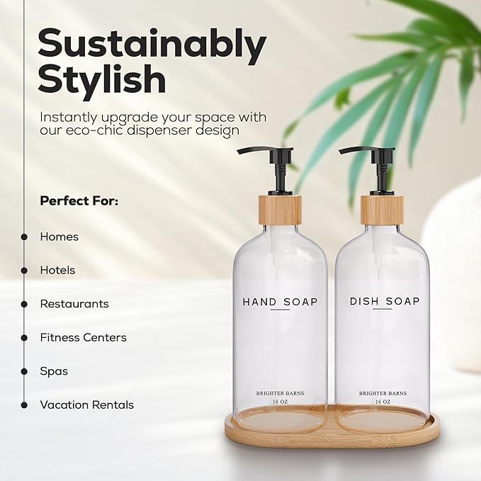 Clear Glass Hand and Dish Soap Dispenser Set by Brighter Barns - Kitchen Soap Dispenser Set with Bamboo Tray - Modern Kitchen Decor, Minimalist Decor (Clear)