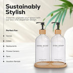 Clear Glass Hand and Dish Soap Dispenser Set by Brighter Barns - Kitchen Soap Dispenser Set with Bamboo Tray - Modern Kitchen Decor, Minimalist Decor (Clear)