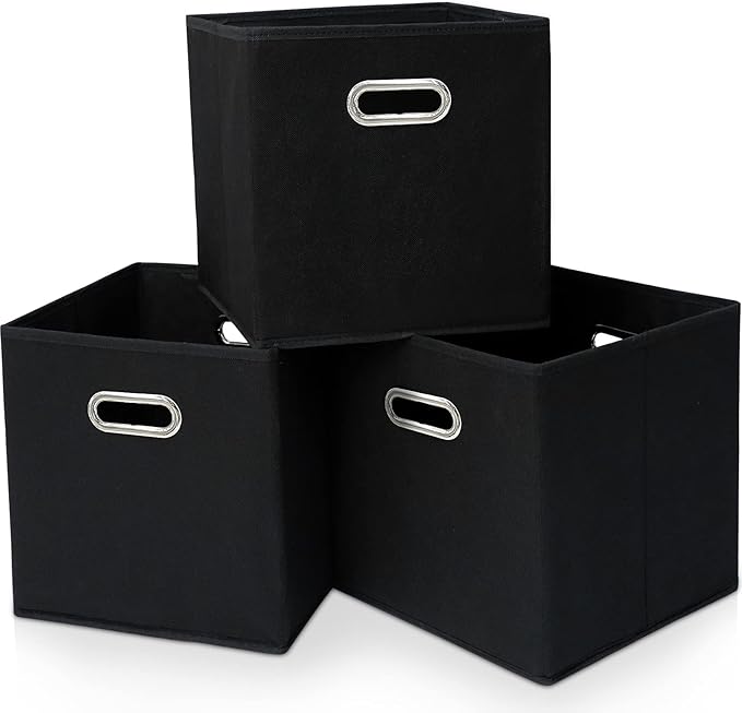Black Fabric Cubby Storage Bins，13x13x13 Inches ，Cube Organizer Bin Foldable Storage Boxes with Dual Handles Fabric Organizer Box and collapsible Storage basket，Set of 3 ，Black