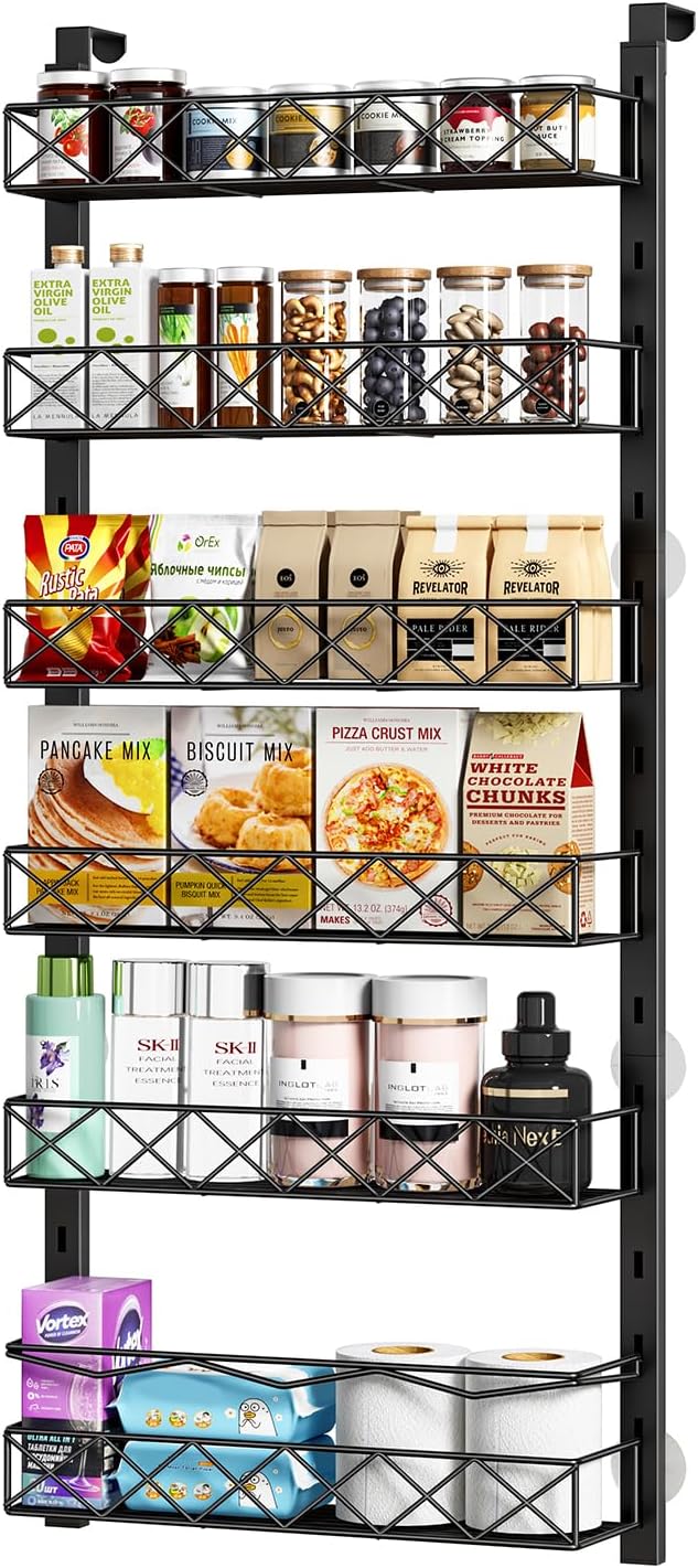 MIAOLI Over the Door Organizer, Black 6-Tier Pantry Door Organizer with Adjustable Basket, Hanging Spice Rack Cabinet Door Shelves, Laundry Room Organization and Storage