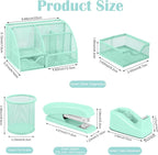 auroray Green Desk Organizers and Accessories, Teal Office Supplies Set Green Mesh Desk Organizer, Stapler, Tape Dispenser, 1000 Staples, Staple Remover, Pen Holder, Clips Set, Ruler, Scissors