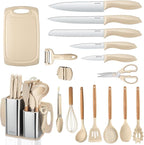 RAXCO Cooking Utensils Set,12-Piece Kitchen Utensils and Accessories,6-Piece Knife set,utensilios de cocina,Khiki