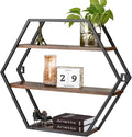 Hexagon Shelves for Wall, Hexagon Floating Shelves, Decorative Geometric Shelf for Wall Decor, Farmhouse Style Shelves for Bathroom Living Room, Rustic Brown Black