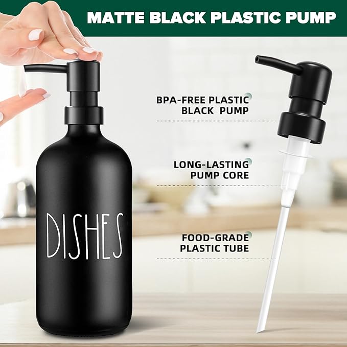 VIMERPA Hand and Dish Soap Dispenser Set, Matte Black Hands Dishes Soap Dispenser Set for Kitchen, 2 Pack Glass Soap Dispensers Set with Plastic Pump, 17 Fl Oz Refillable Liquid Soap Bottles