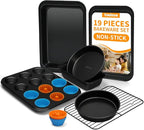 Ymiton Nonstick Baking Pans Set, 19 PCS Stackable Bakeware Sets, Oven Pan Set Includes Baking Tray, Cookie Sheet, Cake Pans, Loaf Pan, Muffin Pan, Silicone Cups