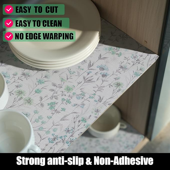 Blue and Green Floral Shelf Liners Non Adhesive and 12IN x 20FT Strong Non-Slip Shelf and Drawer Liners for Kitchen Cabinet Wire Fridge, Waterproof Shelf Drawer Liner,Easy to Clean