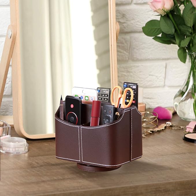 YAPISHI Leather Remote Control Holder, 360 Degree Spinning Desk TV Remote Caddy/Box, Coffee Table Organizer for Controller, Media, Calculator, Mobile Phone and Pencil Storage
