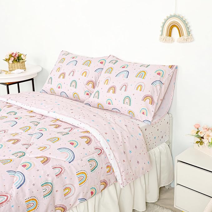 Twin Size Toddler Bedding Set for Girls 5 Piece Toddler Girl Bedding, Super Soft Toddler Comforter Set Includes Comforter, Flat Sheet, Fitted Sheet, Pillowcase (Pink Cute Rainbow)