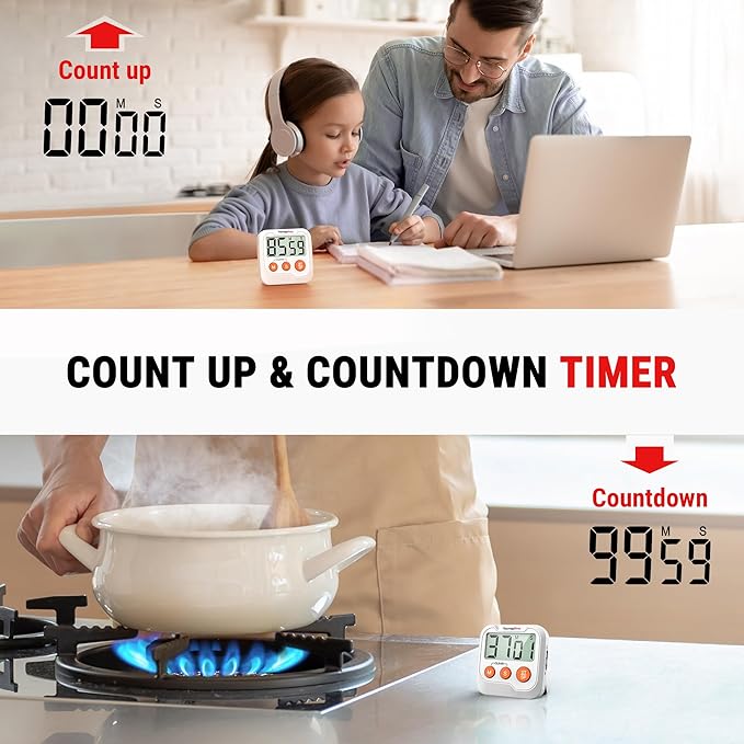 TempPro TM03 Digital Timer for Kids & Teachers, Kitchen Timers for Cooking with 2 Alarm Volume, Countdown Timer Stopwatch for Classroom Supplies, Exercise, Baking, Work, 2-Pack (Previously ThermoPro)