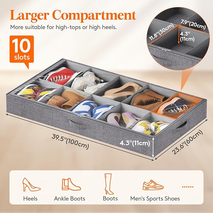 Lifewit Under Bed Shoe Storage Organizer Fits 10 Pair Sneakers, 4.3 Inches Tall Sturdy Structure Ultra Thick Fabic Sneaker Storage, Foldable Underbed Shoe Boxes for Heels, Boots, Sports Shoes 2 Pack