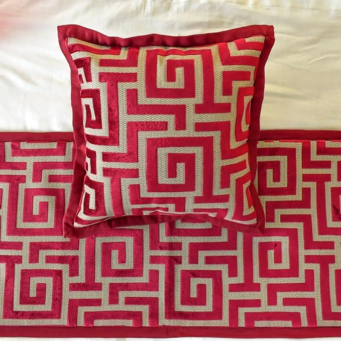 The HomeCentric King/Queen/Twin Red Decorative Queen 74"x18" Bed Runner with 2 Pillow Cover, Maze Bed Scarf on Velvet Fabric - Path