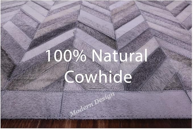 Modern Design Premium Cowhide Leather Carpet with Chevron Pattern, Area Rug (Natural Multi Grey, 3x5)