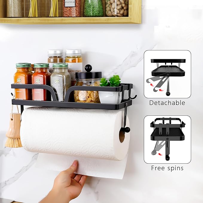 Taozun Paper Towel Holder with Shelf, Kitchen Paper Holder Spice Rack Black Paper Towel Roll Holder RV Paper Towel Rack with 4 Hooks(2 Installation Methods - Self-Adhesive and Drilling)