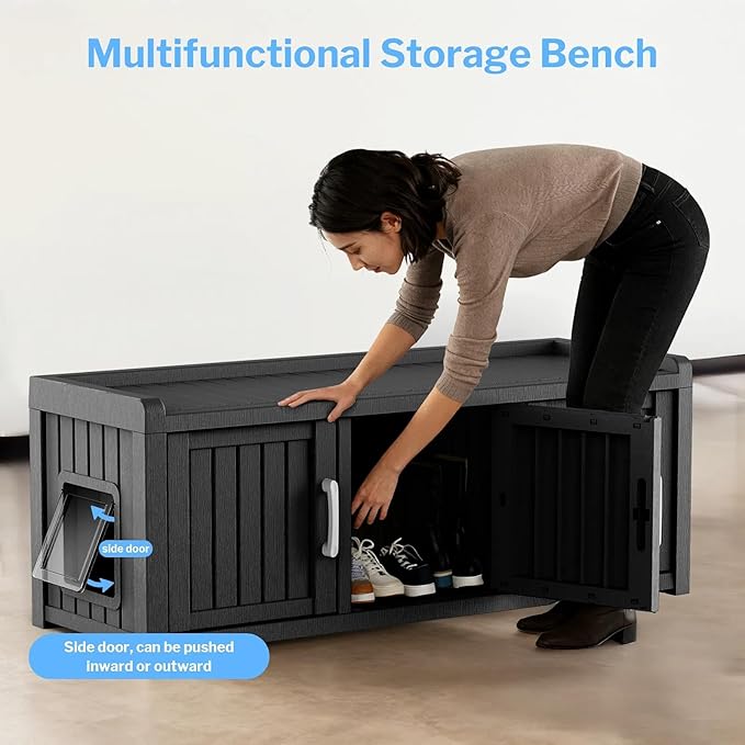 3 Doors Shoe Storage Bench - 2 Side Door Hidden Furniture Cabinet with Storage, Waterproof Entryway Bench with Seat for Indoor Outdoor, End of Bed Footrest Stool for Bedroom, Hallway, Black