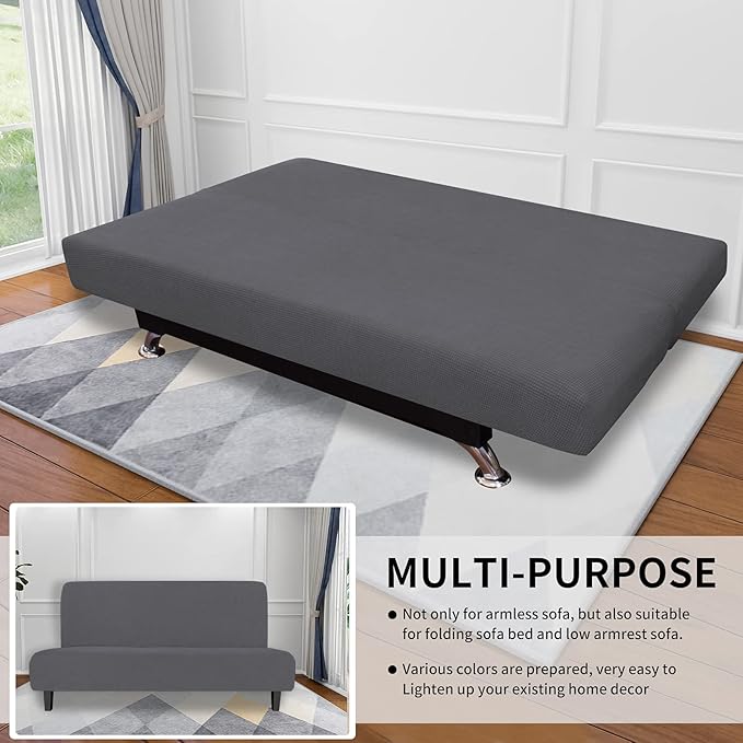 Easy-Going Stretch Futon Slipcover Armless Futon Bed Cover Furniture Protector Without Armrests with Elastic Bottom for Kids, Soft Jacquard Fabric Small Checks (Large, Grey)