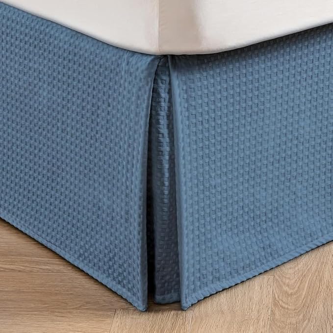 MIYE Pleated Waffle Weave Bed Skirt, Tailored Dust Ruffle 12 Inch Drop Easy Fit, Machine Washable (Blue, Full - 12" Drop)