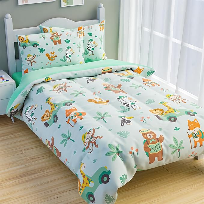 SANDJEST Jungle Animal Comforter Set Full Size 98x86in for Kids Boys, Microfiber 4 Pcs Bedding Set Includes 1 Comforter, 2 Pillowcases, 1 Fitted Sheet, Nursery Room Decor