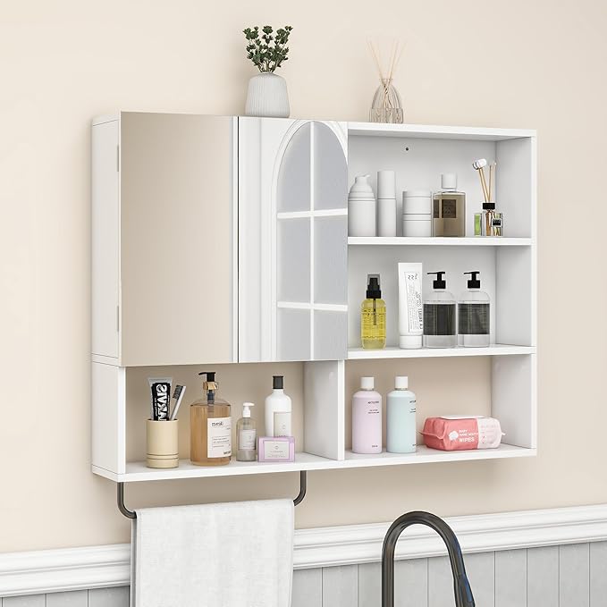 Medicine Cabinet, Wooden Bathroom Wall Cabinet with 2 Doors, Adjustable Shelves & Towel Bar, Over Toilet Storage Cabinet Wall Mounted for Laundry with Mirror, White