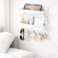 JWShang Bedside Wall Shelf - Adhesive Nightstand Organizer with Hooks and Cable Clips for Earphone Key Remote, Wall Mounted Storage for Bedroom, Dorm, RV, Rental (White)