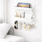 JWShang Bedside Wall Shelf - Adhesive Nightstand Organizer with Hooks and Cable Clips for Earphone Key Remote, Wall Mounted Storage for Bedroom, Dorm, RV, Rental (White)