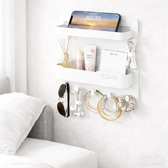 JWShang Bedside Wall Shelf - Adhesive Nightstand Organizer with Hooks and Cable Clips for Earphone Key Remote, Wall Mounted Storage for Bedroom, Dorm, RV, Rental (White)
