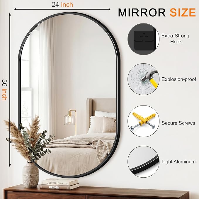 TRAHOME Oval Bathroom Mirror, 2 Pack 24"x36" Black Vanity Mirror for Over Sink, Bedroom, Living Room, Entryway, Modern Mounted Metal Frame Wall Mirror