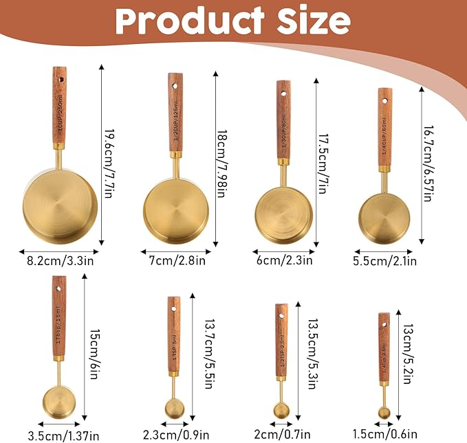 Stainless Steel Measuring Cups Set and Measuring Spoons Wooden Handle Metal Measure Cups and Spoons for Cooking and Baking, Gold, 8 Piece