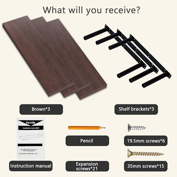 Vervida® Shelves for Wall Storage for Bathroom, Bedroom, Living Room, Kitchen, Hanging Shelf for Books/Storage/Room Decor with 32 Lbs Capacity Floating Wall Shelves (Brown, Set of 3, 24" W x 5.8" D)