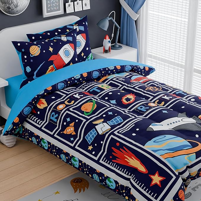 SANDJEST Space Bedding Twin for Boys, Ultra Soft Microfiber Comforter Bed Set with 3-Pieces, Rocket Comforters Sets for Kids Children Teen Tween Bedroom Decor