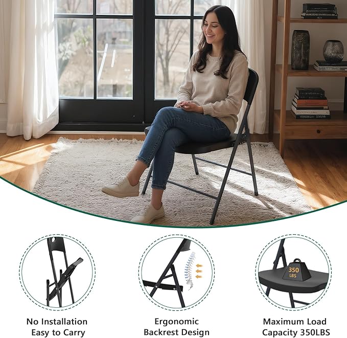2 Pack Black Folding Chair, Plastic Portable Stackable Commercial Seats with Steel Frame 350lb, Heavy Duty Foldable Chair for Indoor and Outdoor, Patio, Office, Picnic, Kitchen, Events