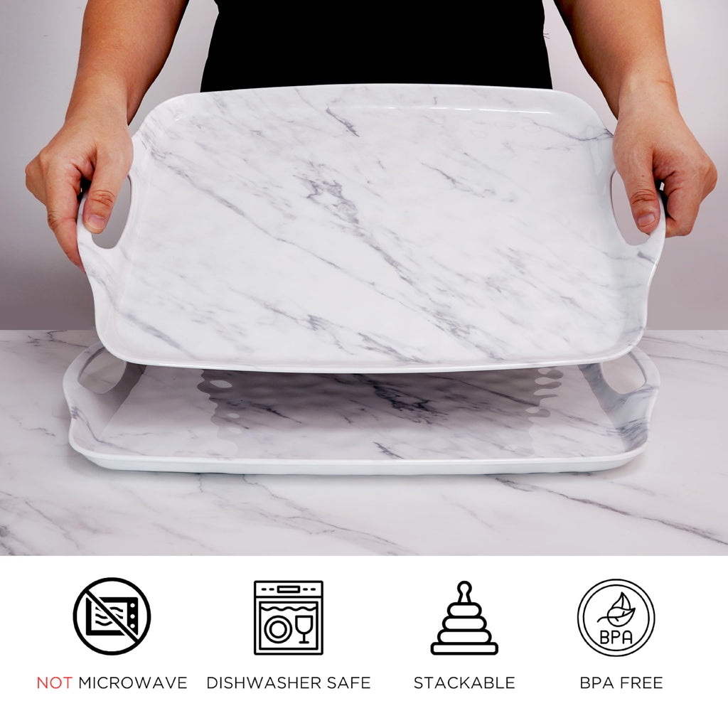 TP Melamine Serving Trays with Handles, 17” x 12”, Set of 2, Pure White